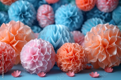 Delicate paper pom-poms in shades of pink and blue meticulously arranged to display a soft, artistic image