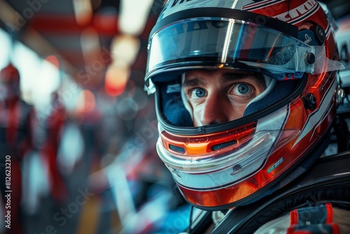 A motorsport race car driver's helmeted head with blurred background, likely standing in the pits or garage
