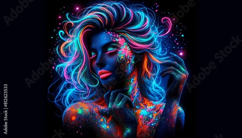 Striking young woman as a fashion model with fluorescent makeup under neon UV light, artistic portrait with vibrant color highlights.