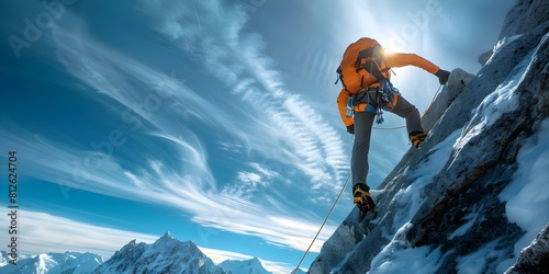 A determined solo climber conquers a rugged peak against a majestic backdrop. Concept Exploration, Adventure, Nature, Challenge, Achievement