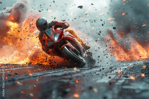 The dynamic image showcases a motorcycle in motion, losing control and sliding on a wet urban road amidst heavy rain
