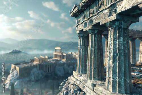 Ruined temple columns stand majestically over a historic cityscape shrouded in mist, blending history with modernity.