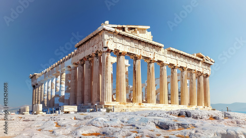 The Parthenon stands majestically under a clear blue sky, showcasing its historic Doric architecture.