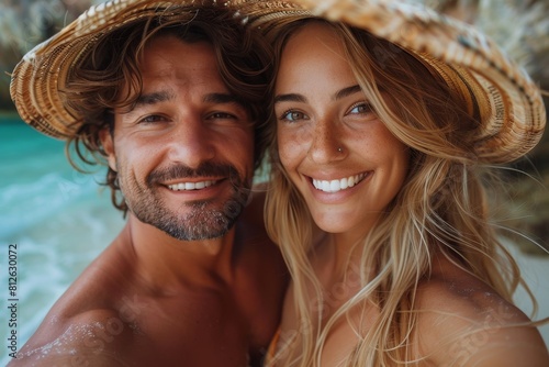 Happy couple takes a self-portrait together with straw hats