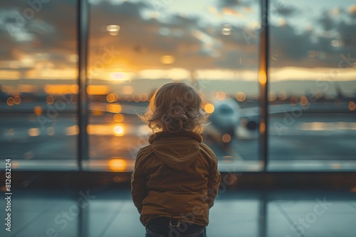 Child with golden hair gazes at an airplane during sunset through large airport windows, with reflections