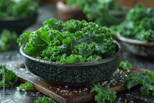Close-up image of dewy kale leaves in a bowl, highlighting the freshness and natural moisture of the greens