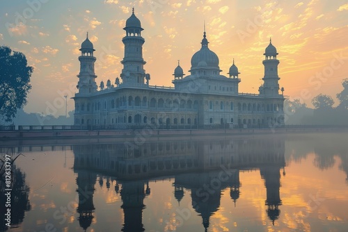 A tranquil evening falls upon a majestic mosque, its beauty enhanced by reflective courtyards and floating lanterns that cast a serene glow on the sacred architecture
