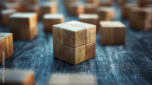 Wooden cube standing out from crowd on dark wooden table, symbolizing concept of exclusivity