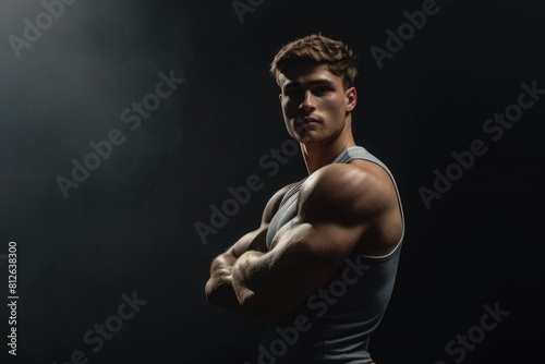 Fit Male. Muscular Caucasian Man showing Sporty Lifestyle in Dark Studio Photoshoot