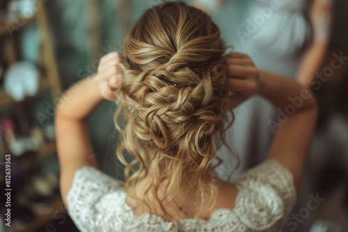 Close-up of a bride's intricate braided updo preparation