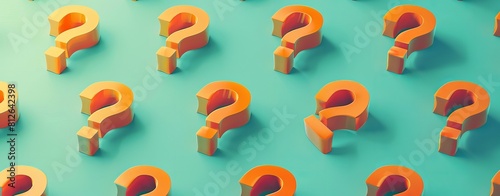 A striking repetitive pattern of bold orange question marks on a flat teal color background, challenging the norms of curiosity and mystery