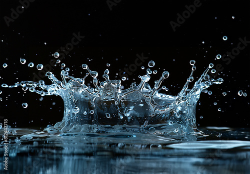 Suspended droplets and delicate tendrils of water frozen mid-splash, starkly contrasted against a pure black backdrop