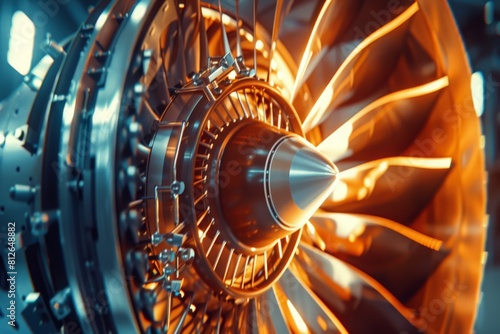 Advanced Futuristic Turbine Engine with a Moving Fan. Modern Industrial Jet Engine in Research and Development Facility. Zoom In Close Up on a Turbofan Engine 