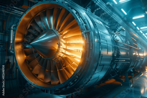 Advanced Futuristic Turbine Engine with a Moving Fan. Modern Industrial Jet Engine in Research and Development Facility. Zoom In Close Up on a Turbofan Engine 