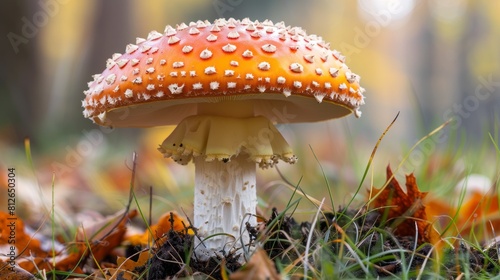 A beautiful and poisonous fly agaric mushroom in the forest"