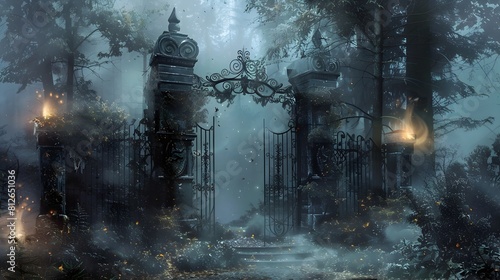 Mystical Gothic Arch in Enchanted Moonlit Forest Landscape