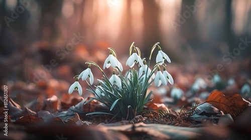 A cluster of delicate white snowdrop flowers blooming in a forest, signaling the arrival of spring.