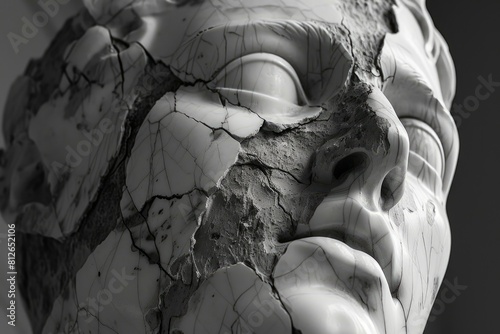 Detailed close-up of a cracked porcelain mask, showcasing the fragility and hidden emotions within the texture of this broken and weathered art sculpture