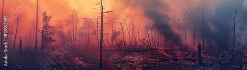 A speciesdiverse forest reduced to charred trunks after a wildfire, with smoke billowing into the dusky sky