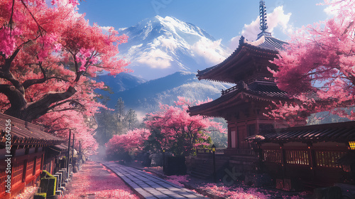 A beautiful scene of cherry blossoms and a mountain in the background. The scene is peaceful and serene, with a sense of tranquility and calmness