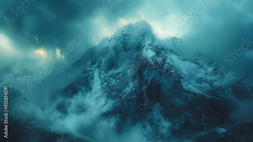 A mountain range covered in snow and clouds. The sky is dark and gloomy, and the mountains are covered in a thick layer of snow. The scene is serene and peaceful