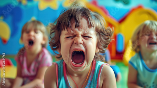 Group of young children crying loudly in a colorful daycare setting.