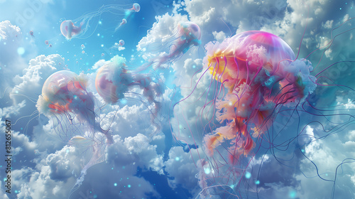 Colorful jellyfish floating amongst clouds in a surreal sky.