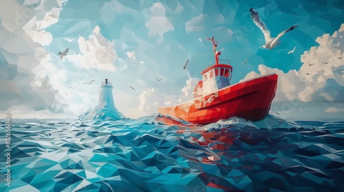 A red boat is in the water with a lighthouse in the background