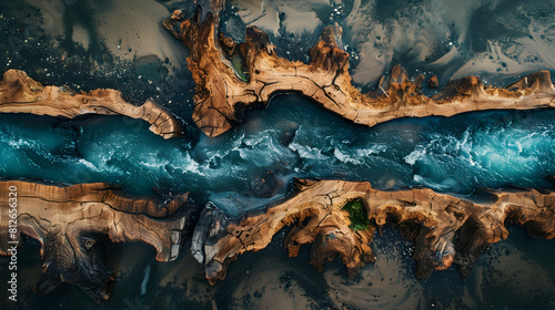 aged, fractured wood with a river of dark, blue epoxy. Drone scenery with a river and sandy beach in the air