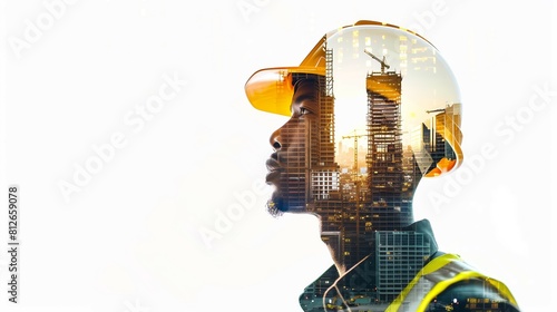 Double exposure portrait of an African American construction worker, merging with a vibrant city construction skyline in the background. 