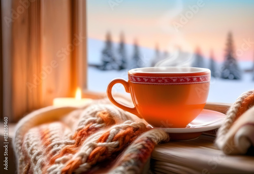 A cup of hot tea on a windowsill with a knitted scarf and a snowy winter landscape outside