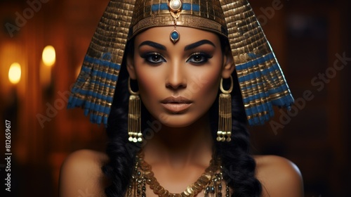 Young beautiful woman in the image of an ancient Egyptian queen on a dark background 