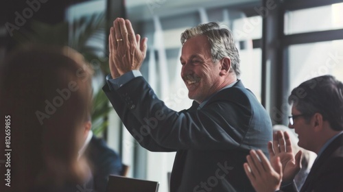 A businessman presents a high five to colleagues during a meeting