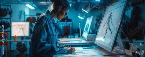 Fashion designer sketching new clothing lines on a hightech drawing board in a side view