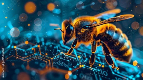 Internet of Things IoT network controlled by a queen bee in a digital hive interface in a front view