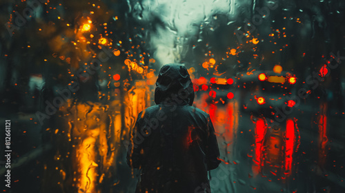 A person is standing in the rain with a hood on. The street is wet and there are cars and buses in the background. The scene is dark and moody, with the rain creating a sense of isolation