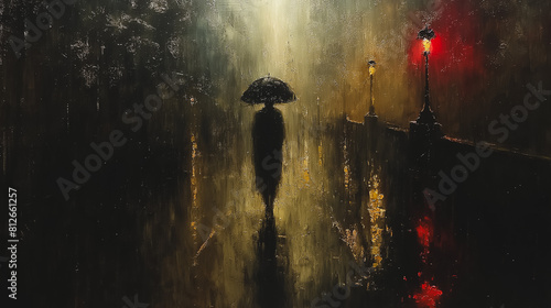 A woman is walking down a wet street with an umbrella. The scene is dark and moody, with the rain adding to the overall atmosphere