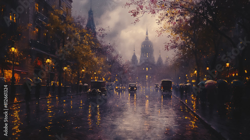A painting of a city street with cars and people walking in the rain. The mood of the painting is melancholic and nostalgic