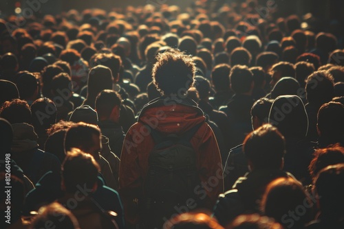 A person seen from behind, surrounded by a backlit crowd during sunset, representing solitude among many