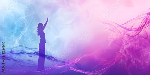 Woman raising hands in worship with purple and pink Christian-themed background. Concept Worship, Christian Theme, Raised Hands, Purple Background, Pink Background