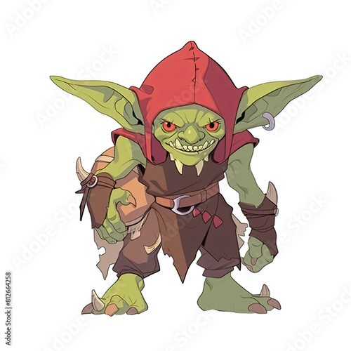 An illustration of a goblin with a green body and long ears looking at the camera