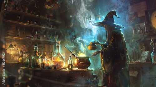 Wizard Brewing Magical Potion in Mysterious Candlelit Dungeon