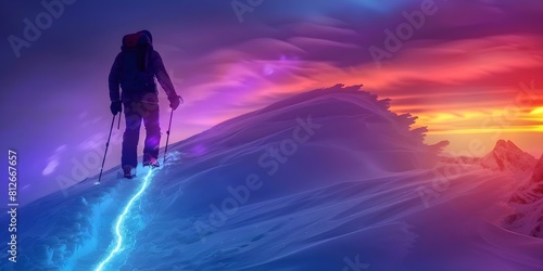 Man reaches snowy mountain summit encounters glowing path conquers challenge surreal scene. Concept Adventure, Snowy Mountains, Glowing Path, Challenge, Surreal Scene