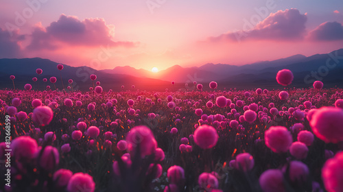 A field of pink flowers with a beautiful sunset in the background