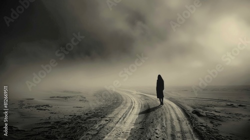 A lone wanderer trudges through a desolate, snowy wasteland. AIG51A.