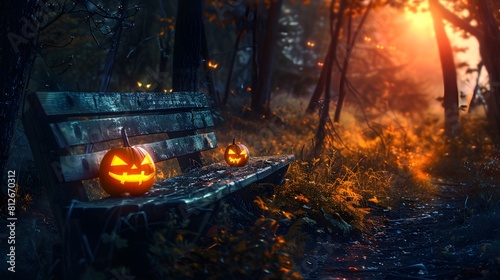 Halloween pumpkins in the forest at night.Halloween background with Evil Pumpkin. Spooky scary dark Night forrest. Holiday halloween banner background