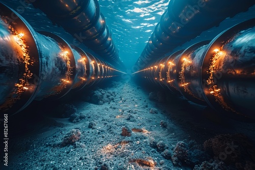 Dual pipelines under the sea converge into a vanishing point bathed in natural light