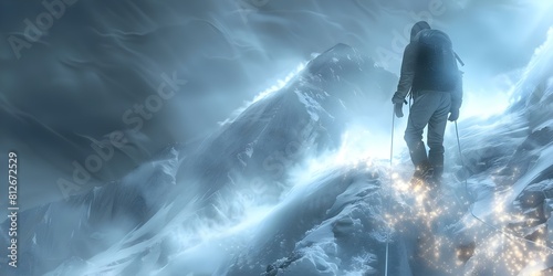 A man climbs a snowy mountain encounters glowing particles conquers summit. Concept Adventure, Snowy Mountain, Glowing Particles, Summit Conquered, Man Climbing