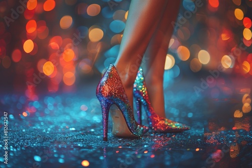 Close-up of sparkling high heels with a shimmering bokeh light background, showcasing the elegance and glamour