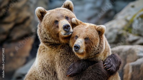 Two brown bears embracing each other, captured in their natural rocky habitat, showing affection and familial bond.